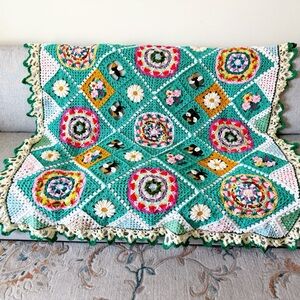 Secret garden style floral granny afghan Handmade Crochet blanket 75” x 75”